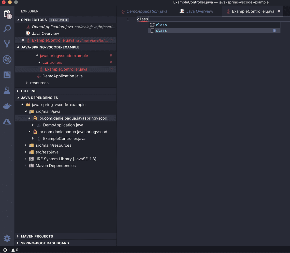 Class creation snippet for ExampleController.java