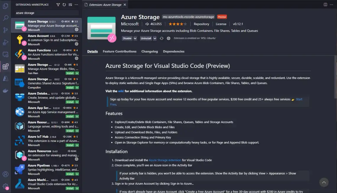 Searching for azure storage extension