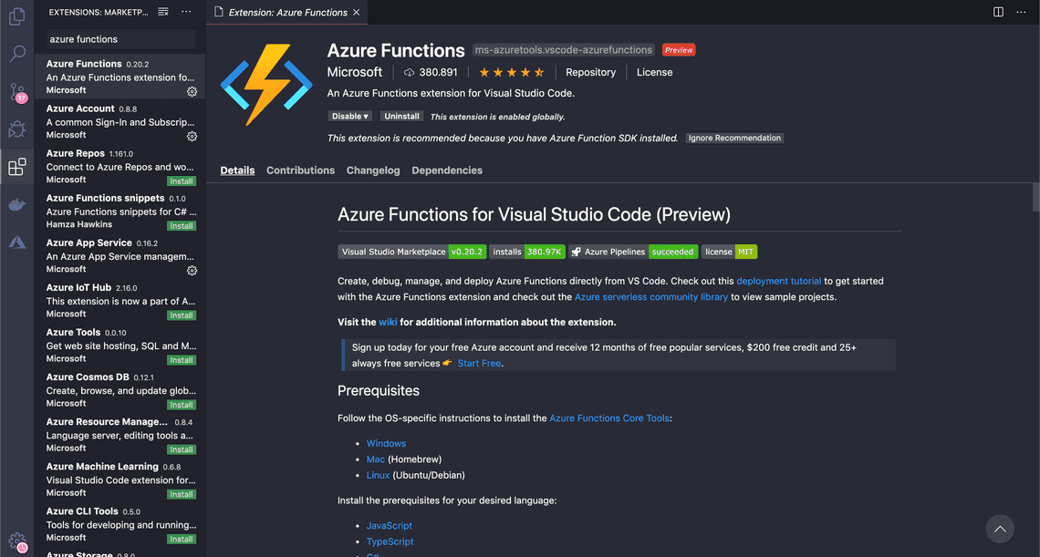 Installing Azure Functions plugin in vscode